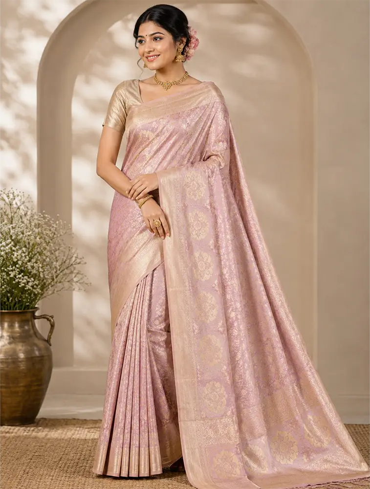 Light Blush Womens Premium Tissue Brocade 3 Card Saree
