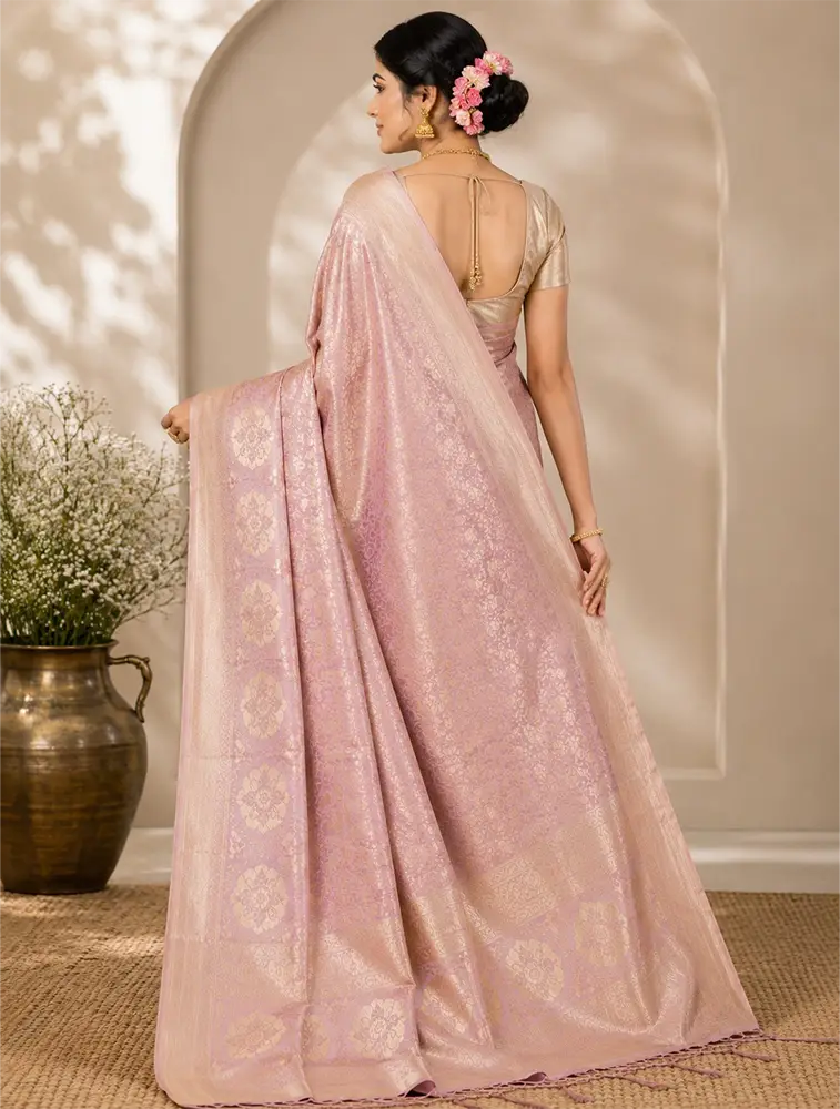 Light Blush Womens Premium Tissue Brocade 3 Card Saree 