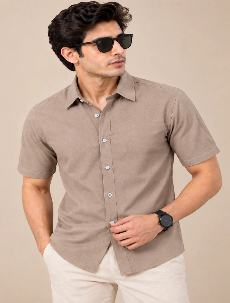 Light Brown Mens Slim Fit Solid Casual Shirt