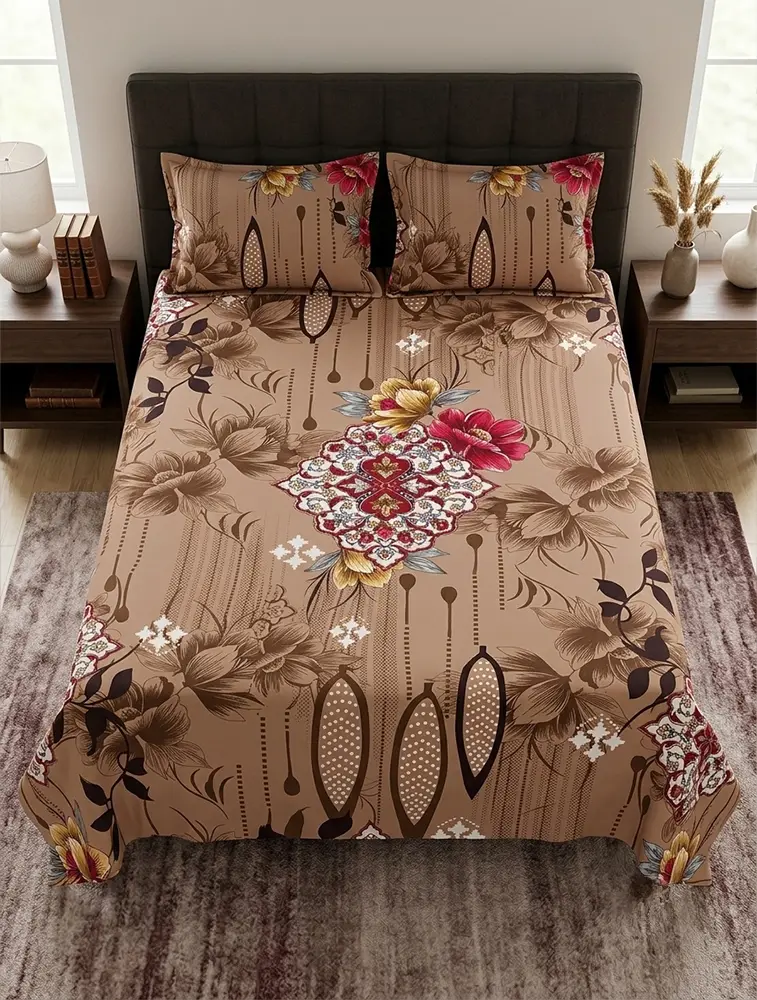 Light Coffee Cotton Printed Double Bed Queen Size Bedsheet
