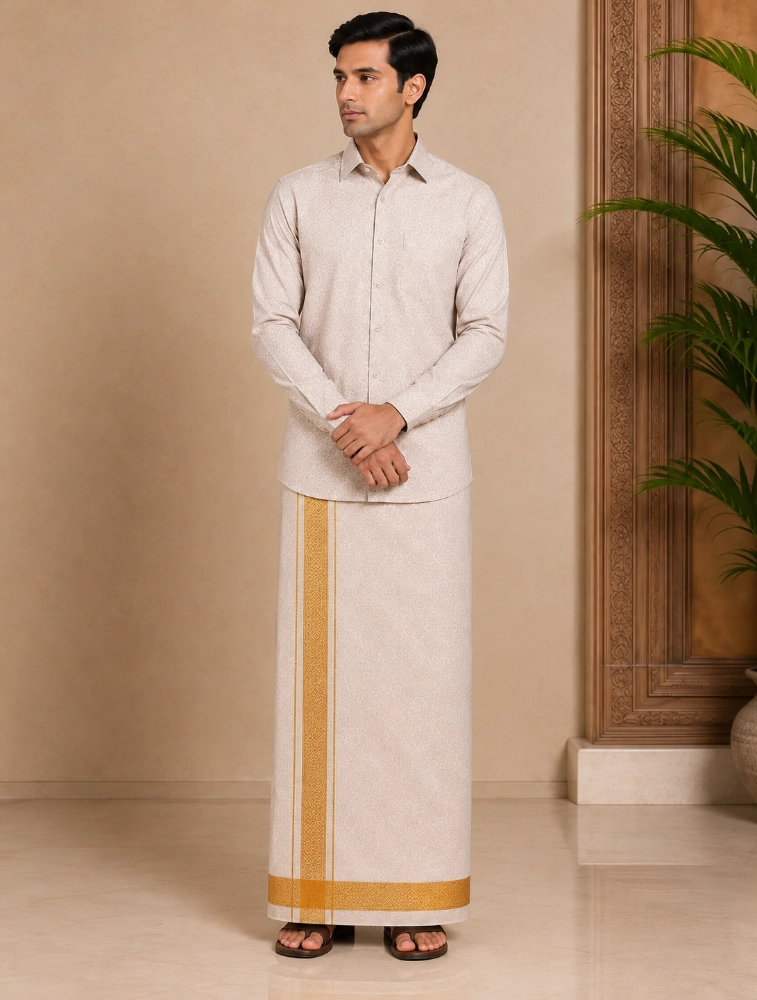 Ivory Beige Mens Traditional Tissue Embossed Gold Shirt and Dhoti Set