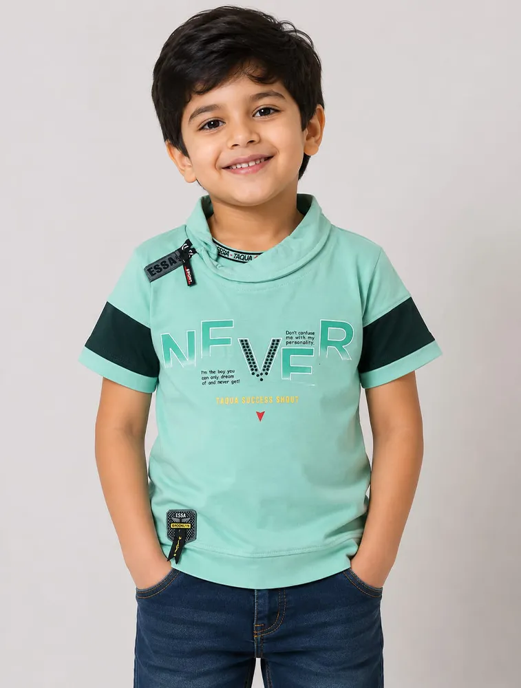 Light Green Boys HI Neck Taqua Kids Printed Casual TShirt