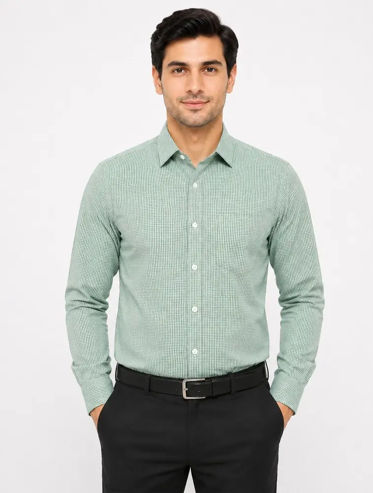  Light Green Men's Cotton Full Sleeve Check Shirt   