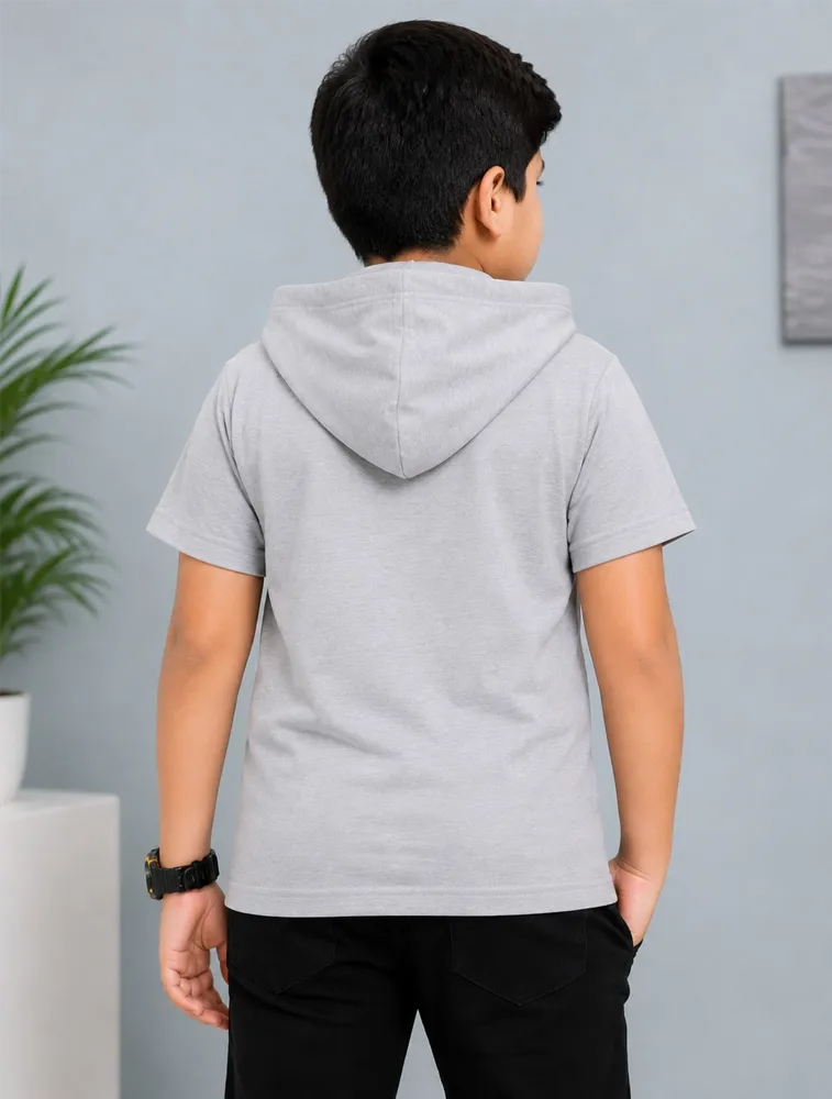 Light Grey Boys Premium Printed Half Sleeve Cooper Hood  T Shirt