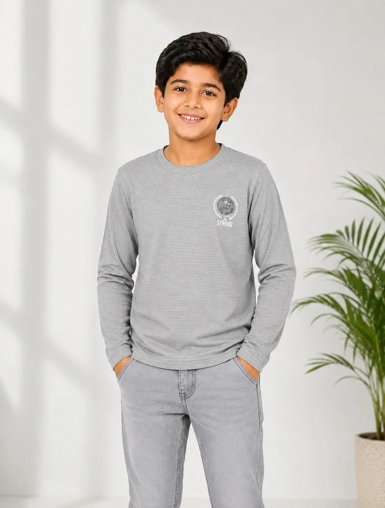 Light Grey Kids Premium Solid Printed Round Full Sleeve T Shirt