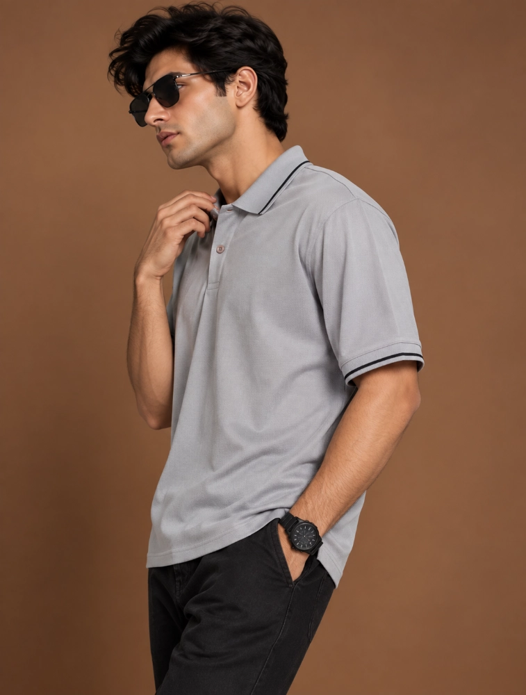 Light Grey Mens Premium Primo Knit 200 GSM Polo TShirt With Black Collor And Sleeve Tipping (Copy)