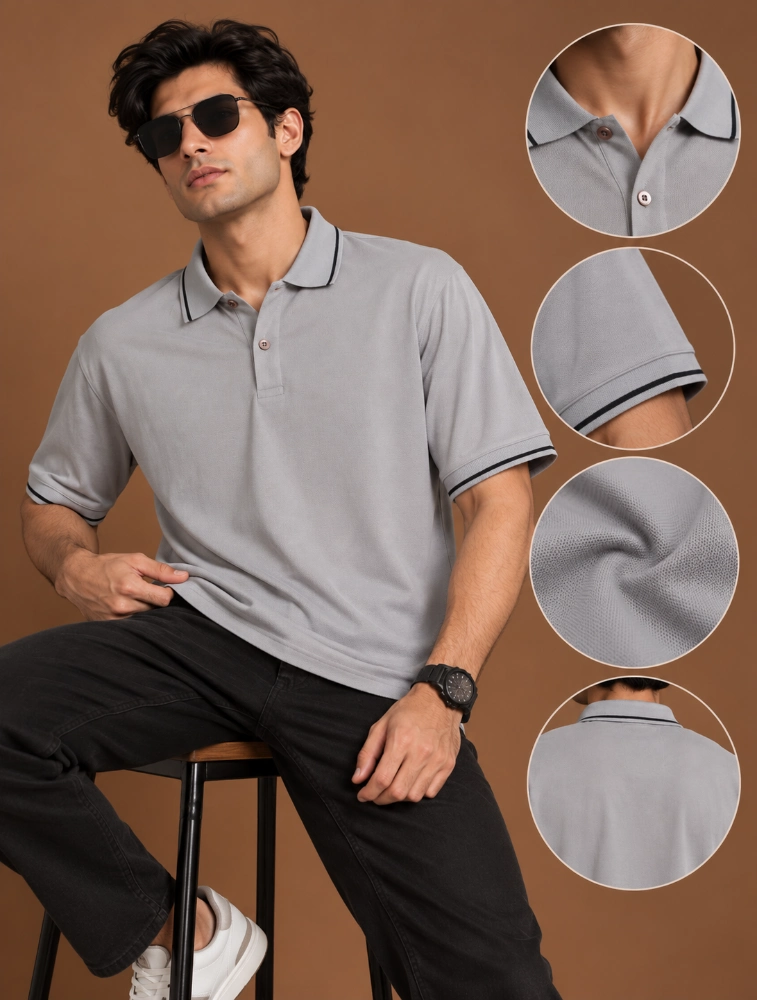 Light Grey Mens Premium Primo Knit 200 GSM Polo TShirt With Black Collor And Sleeve Tipping