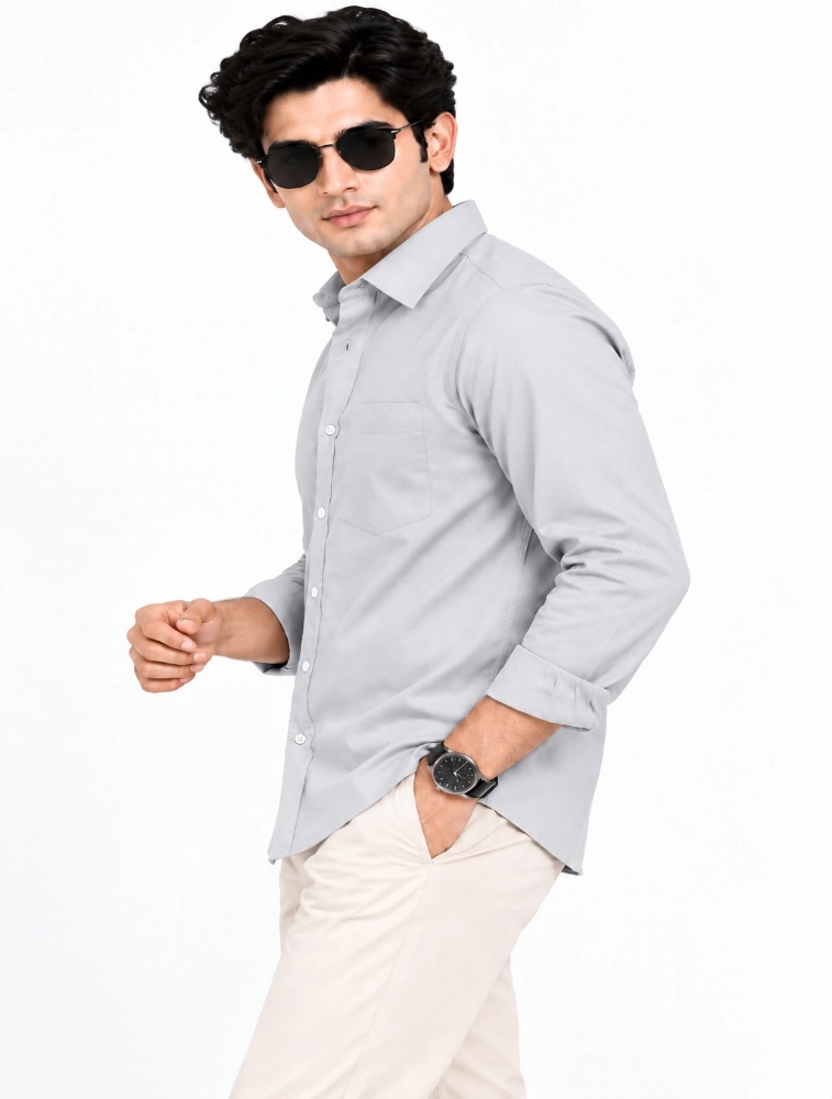 Light Grey Mens Slim Fit Solid Casual Shirt