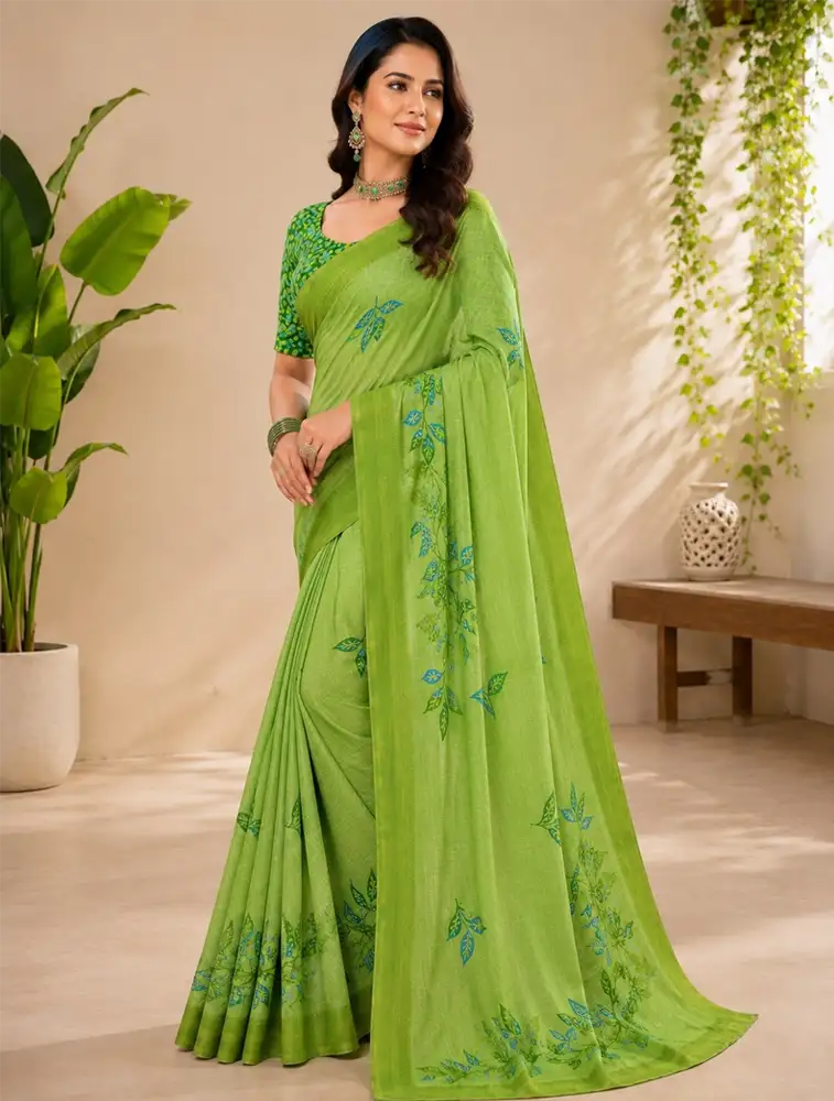 Light Lime Green Womens Printed Soft Silk Saree 