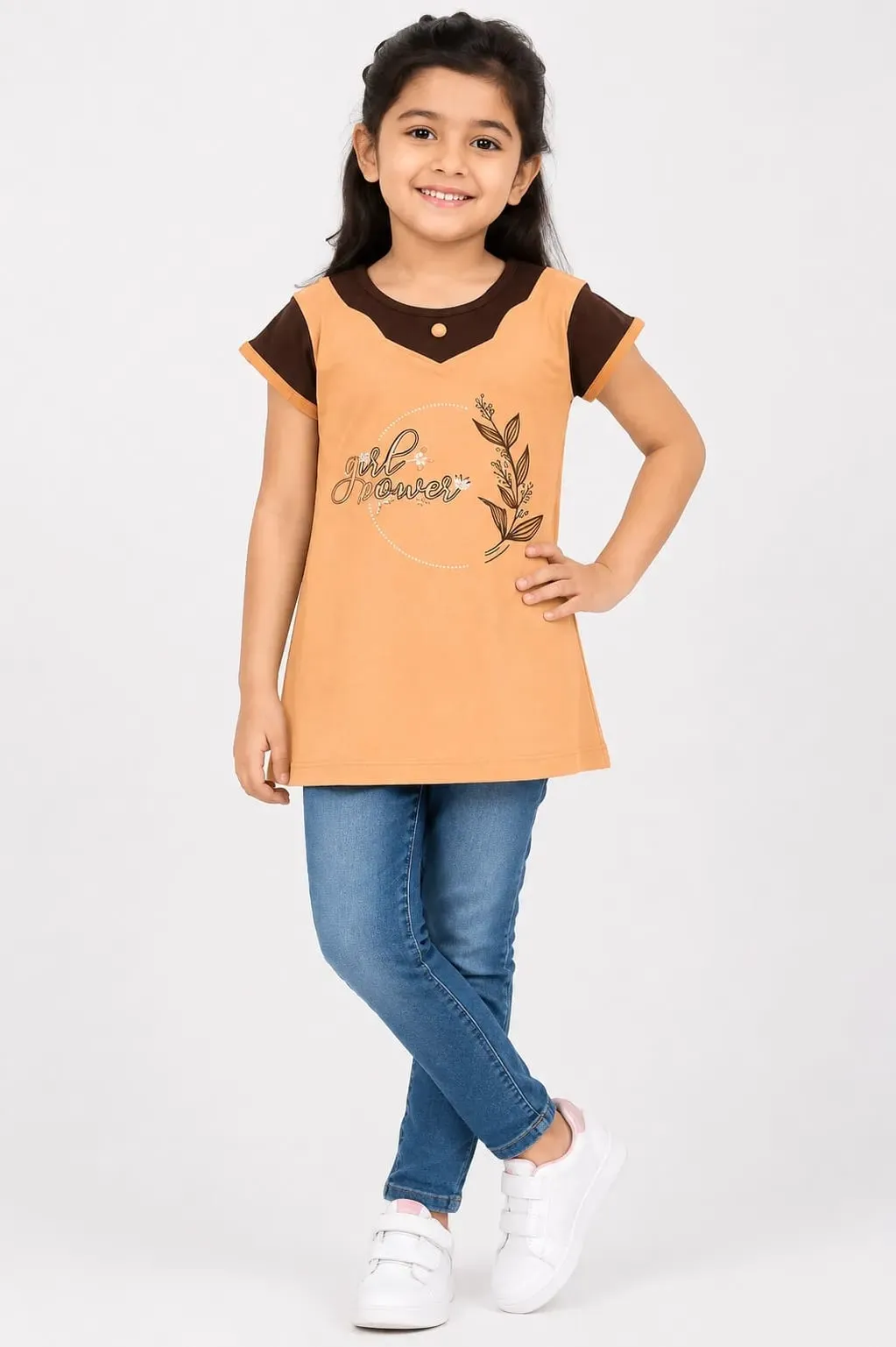 Light Orange Girls Premium Printed Half Sleeve T Shirt