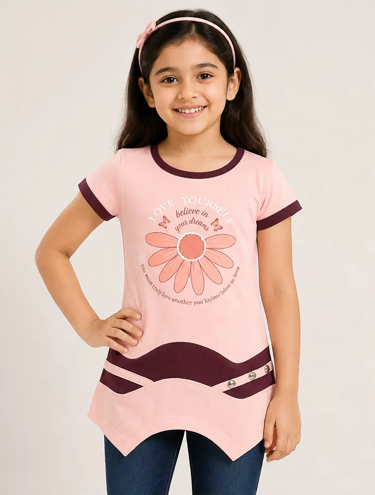 Light Peach Girls Premium Printed Half Sleeve T Shirt