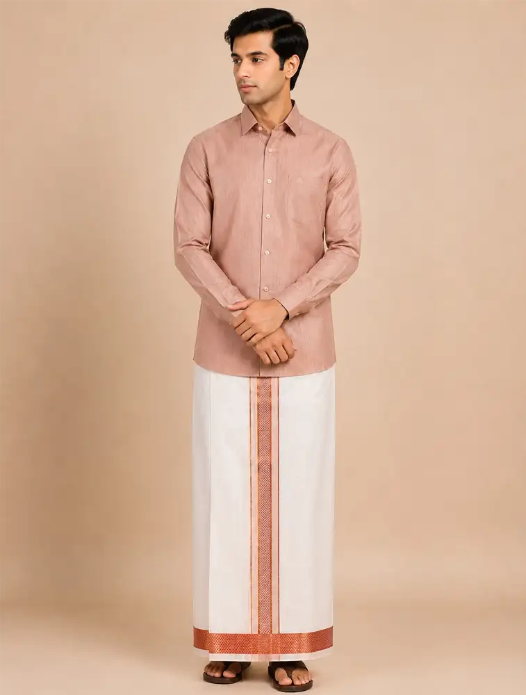 Light Peach Mens Traditional Tissue Cross Shirts and Dhoti Sets