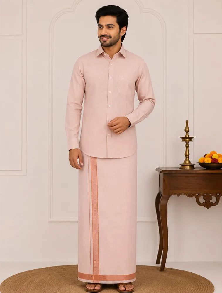 Light Peach Mens Traditional Tissue Cross Shirts and Dhoti Sets — bulk from ₹1160