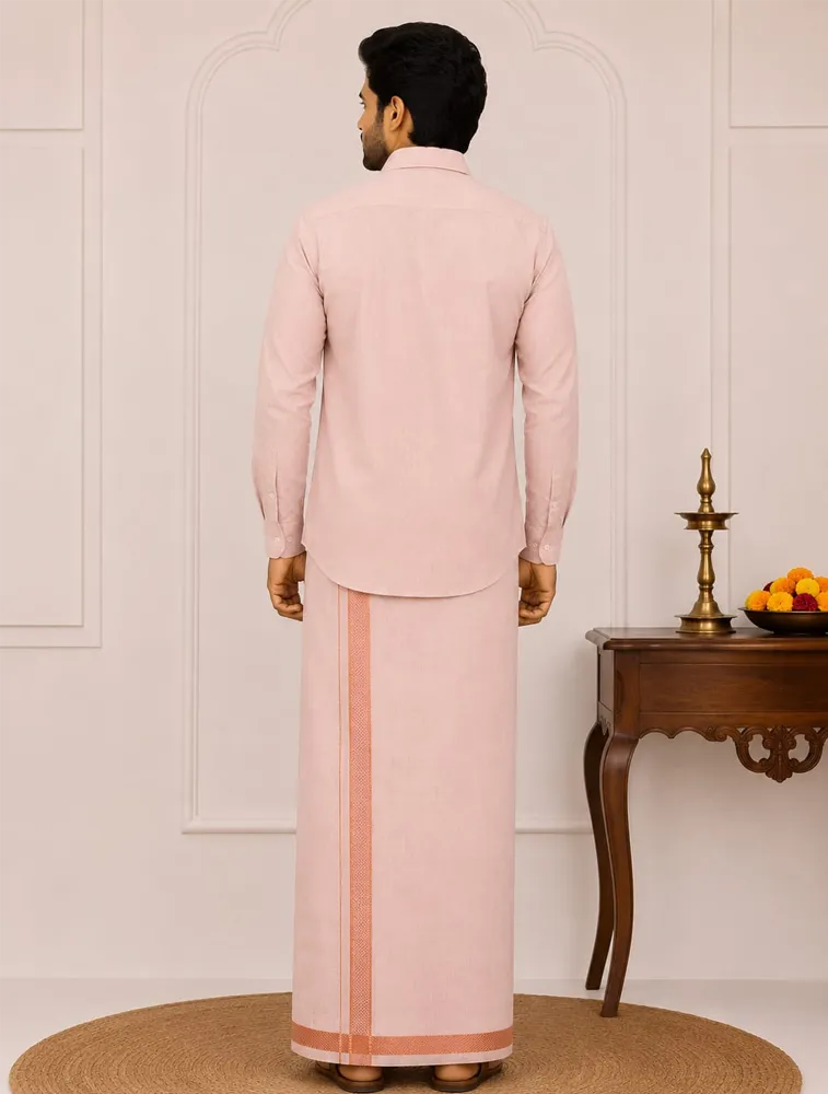 Light Peach Mens Traditional Tissue Cross Shirts and Dhoti Sets — bulk from ₹1160