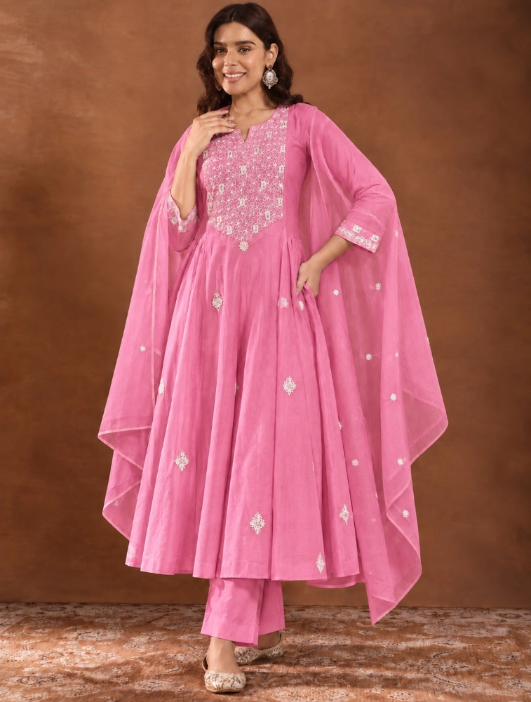 Light Pink Womens Embroidered Cotton Ethnic Kurta with Pant and Dupatta Set