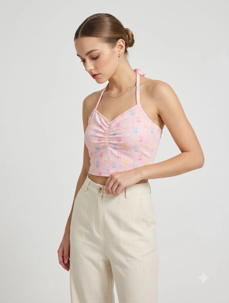 Light Pink Womens Floral Print Tie Strap Crop Top
