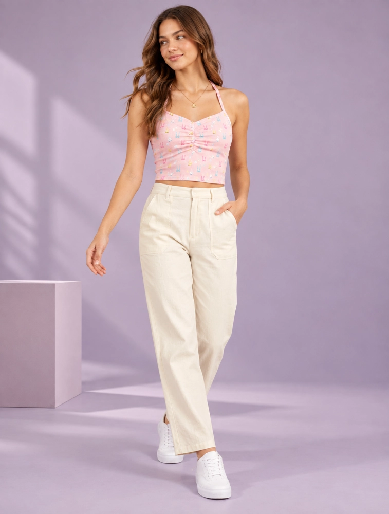 Light Pink Womens Floral Print Tie Strap Crop Top