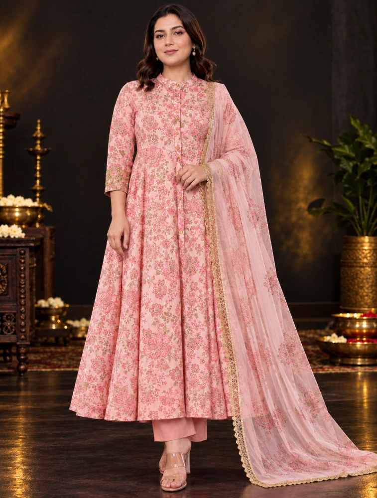 Light Pink Womens Floral Printed Anarkali Pant with Dupatta Set