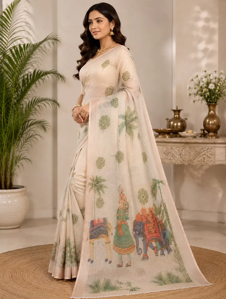 Light Pinkish Womens Elegant Linen Cotton Sarees