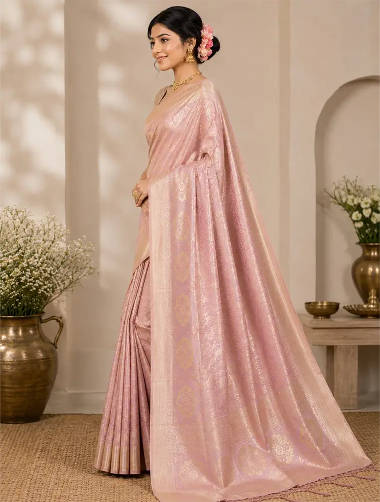 Light Pinkish Womens Premium Tissue Brocade 3 Card Saree