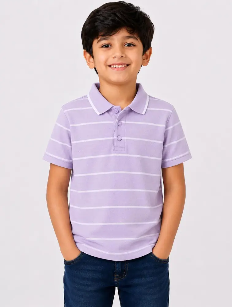 Light Purple Boys Kids 190 GSM Striped Half Sleeve Polo T Shirt  