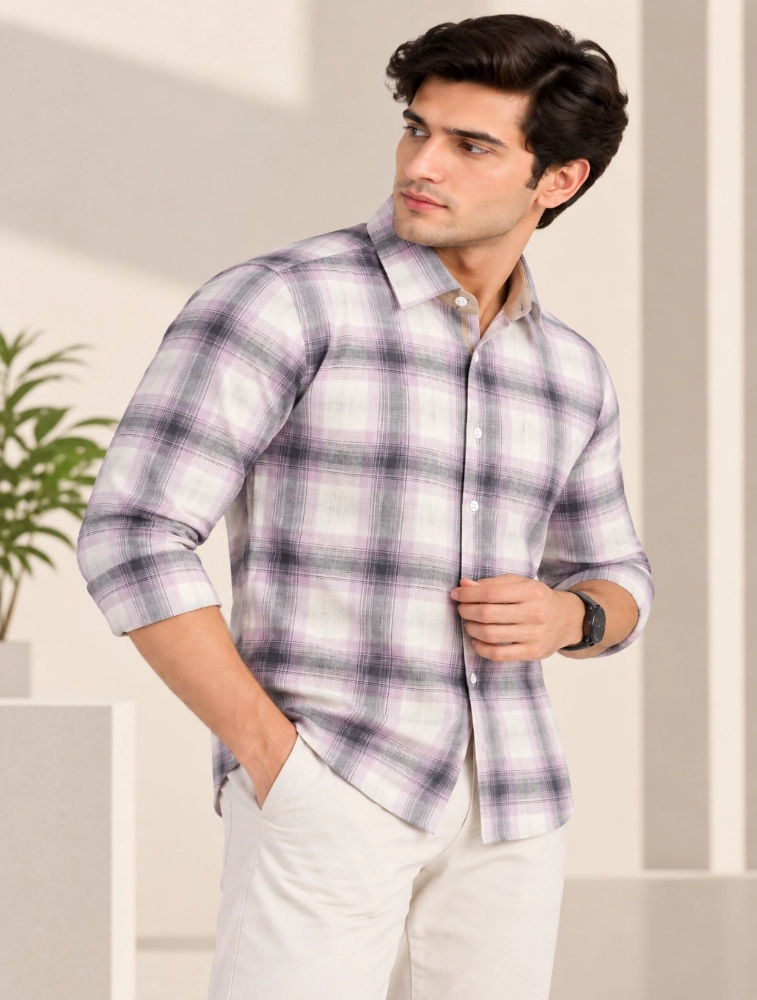 Light Purple Mens Slim Fit Checks Casual Shirt