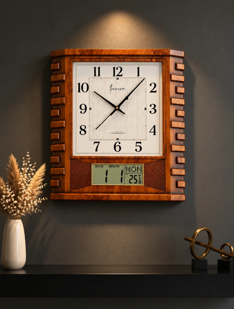 Light Wood Electro Calendar Siddharth Quartz Premium Wall Clock With Date And Temperature Display S GL09