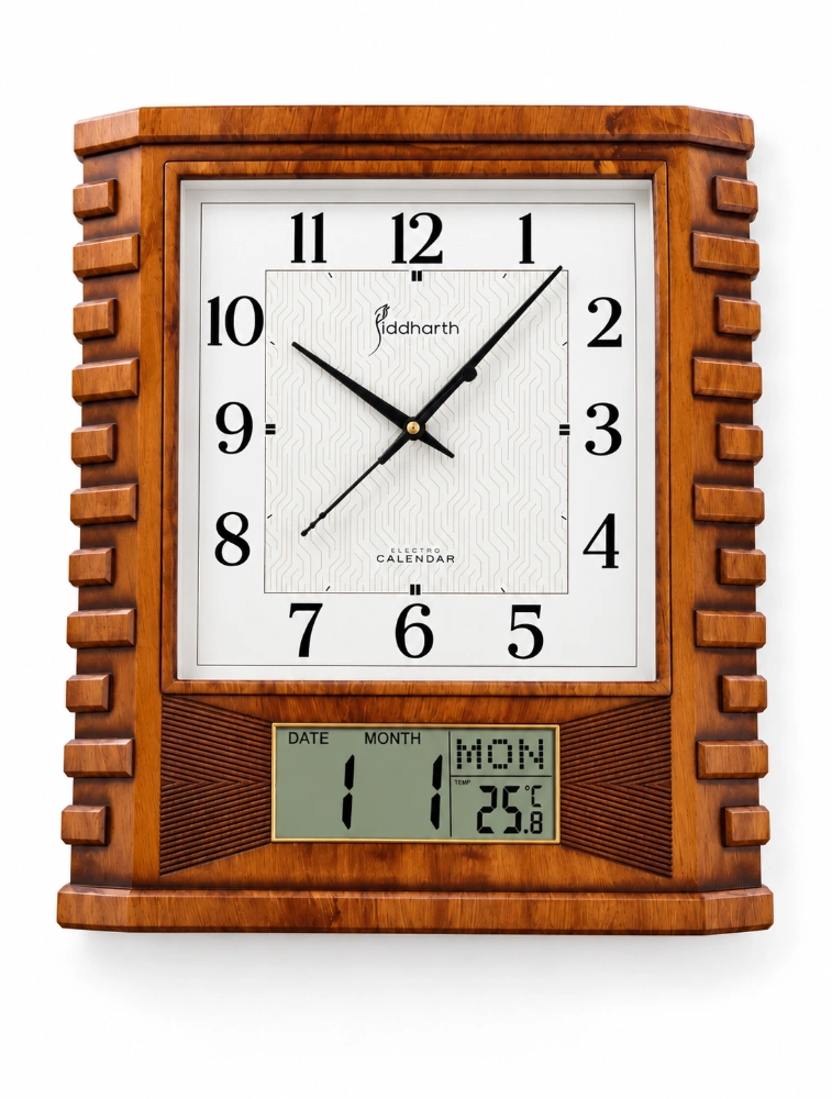 Light Wood Electro Calendar Siddharth Quartz Premium Wall Clock With Date And Temperature Display