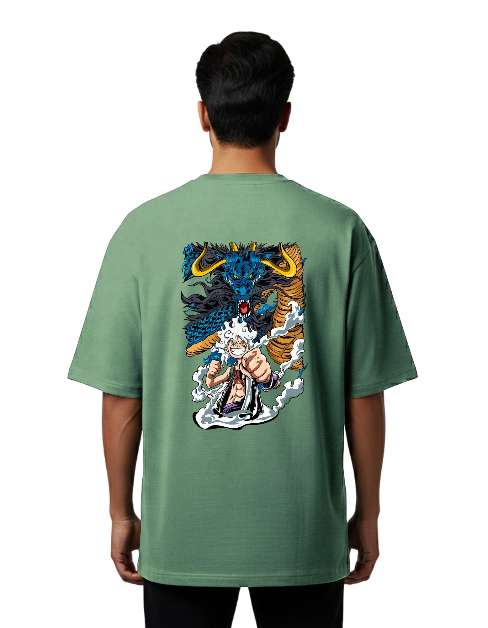 Luffy vs Kaido Oversize Cotton French Terry T-Shirt 240 GSM D Green