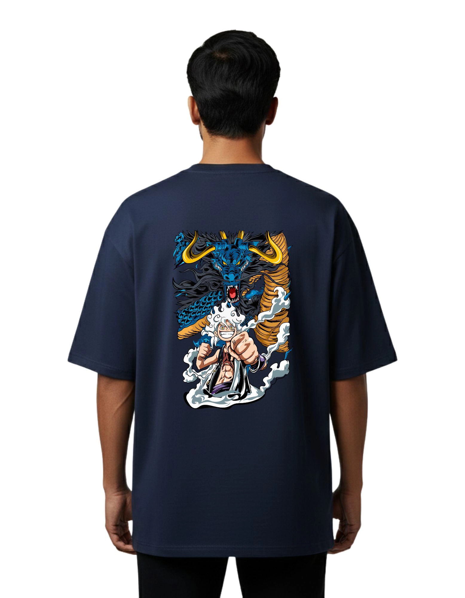 Luffy vs Kaido Oversize Cotton French Terry T-Shirt 240 GSM Navy Blue