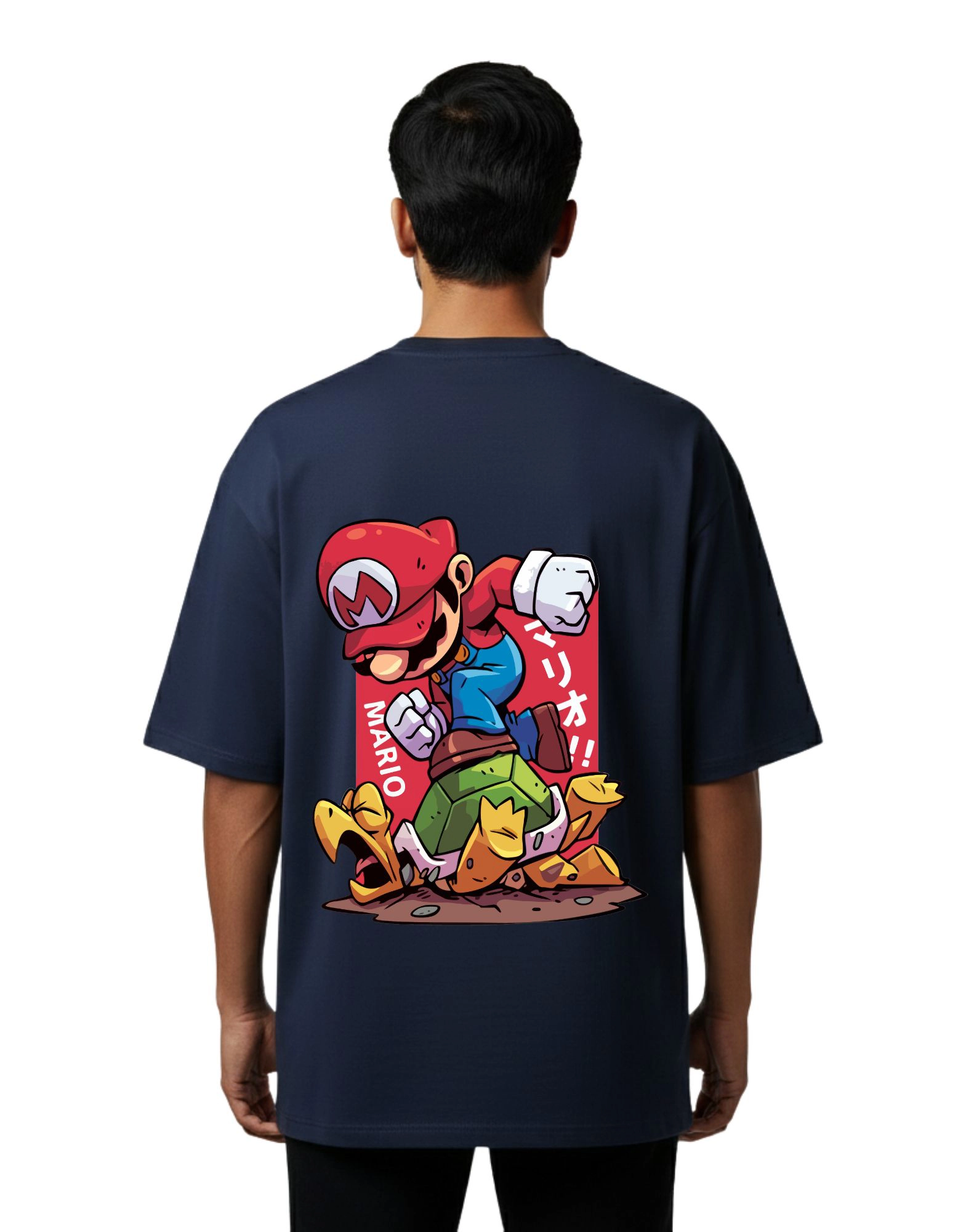Mario Jump Attack Graphic Oversize Cotton French Terry T-Shirt 240 GSM Navy Blue