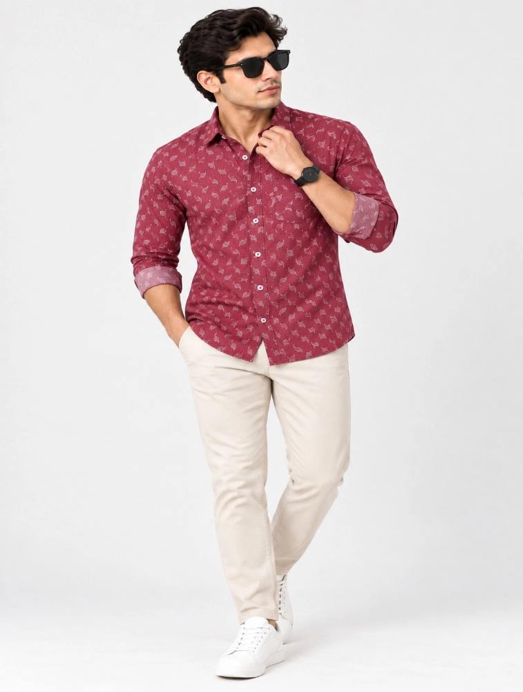 Maroon  Mens Premium Slim Fit Printed Shirt