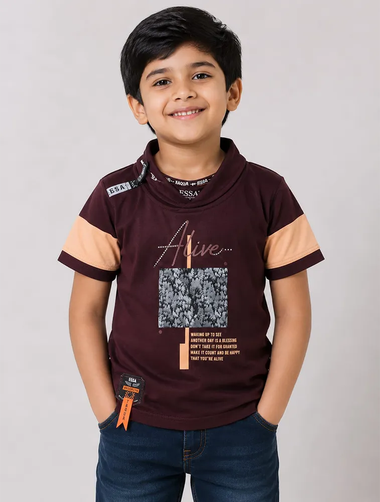 Maroon Boys HI Neck Taqua Kids Printed Casual TShirt