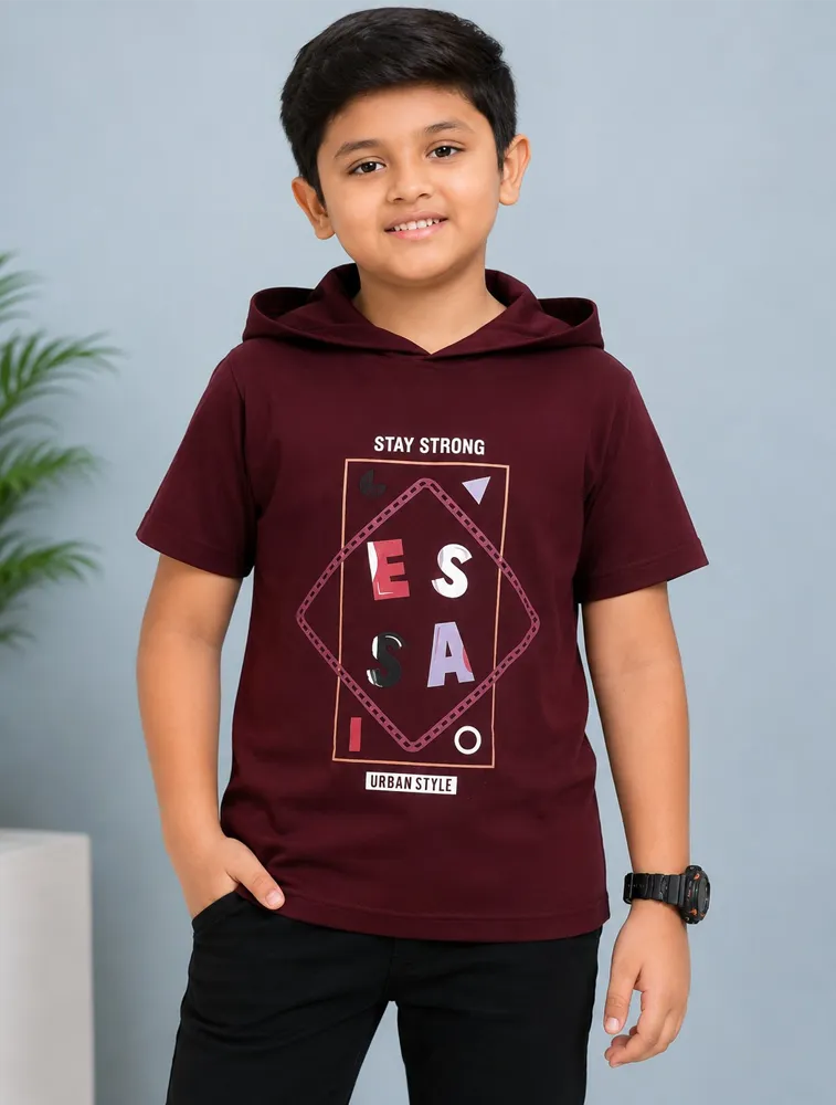 Maroon Boys Premium Printed Half Sleeve Cooper Hood  T Shirt