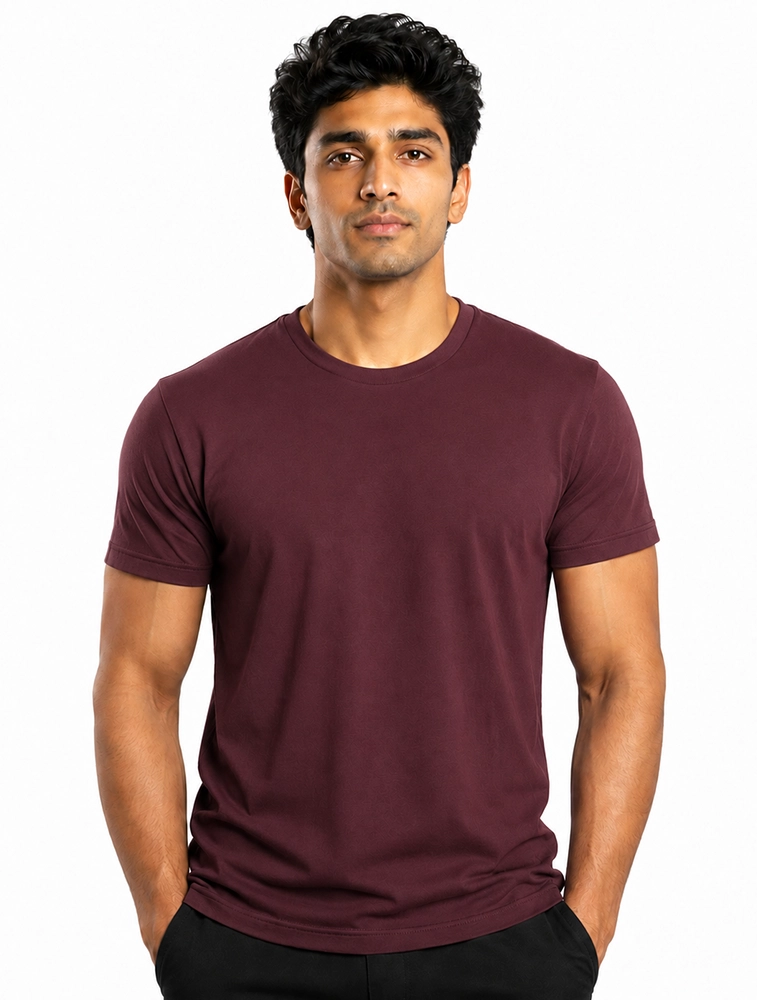 Maroon Cotton 180 GSM Round Neck Half Sleeve Seamless Tshirt 