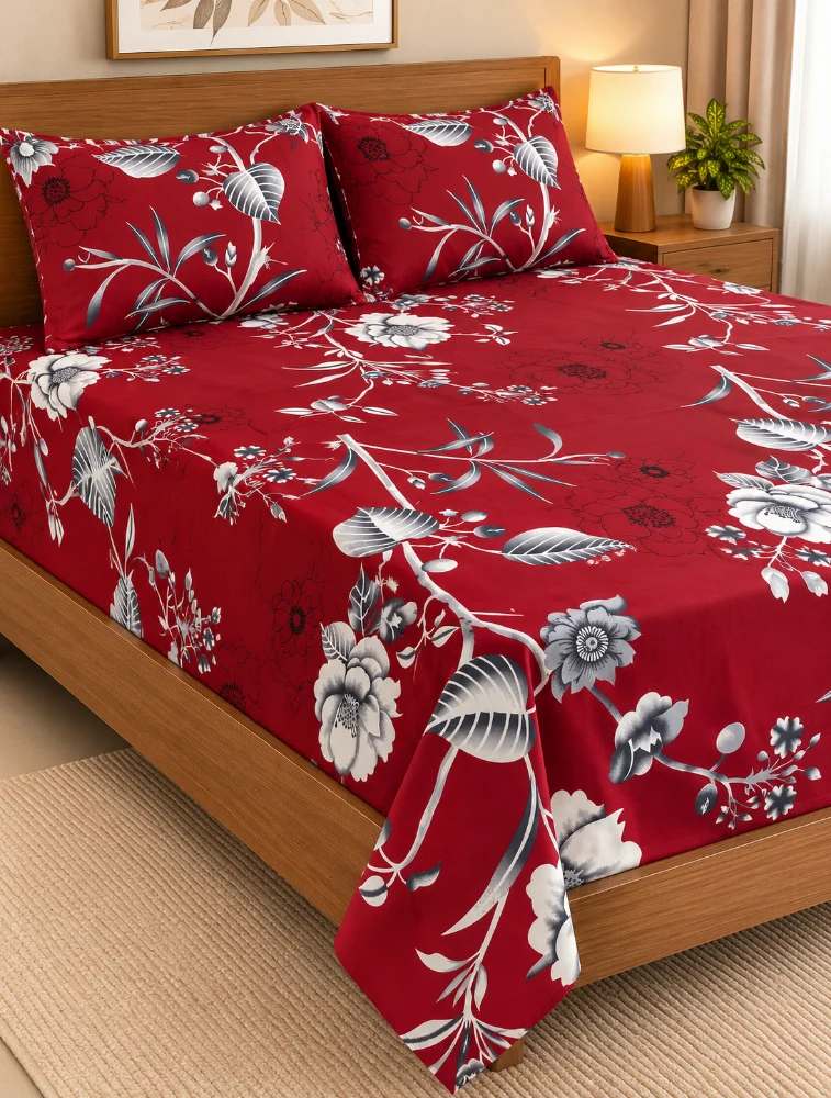 Maroon Cotton Printed Double Coat Queen Size Bedsheet with Pillow Cover