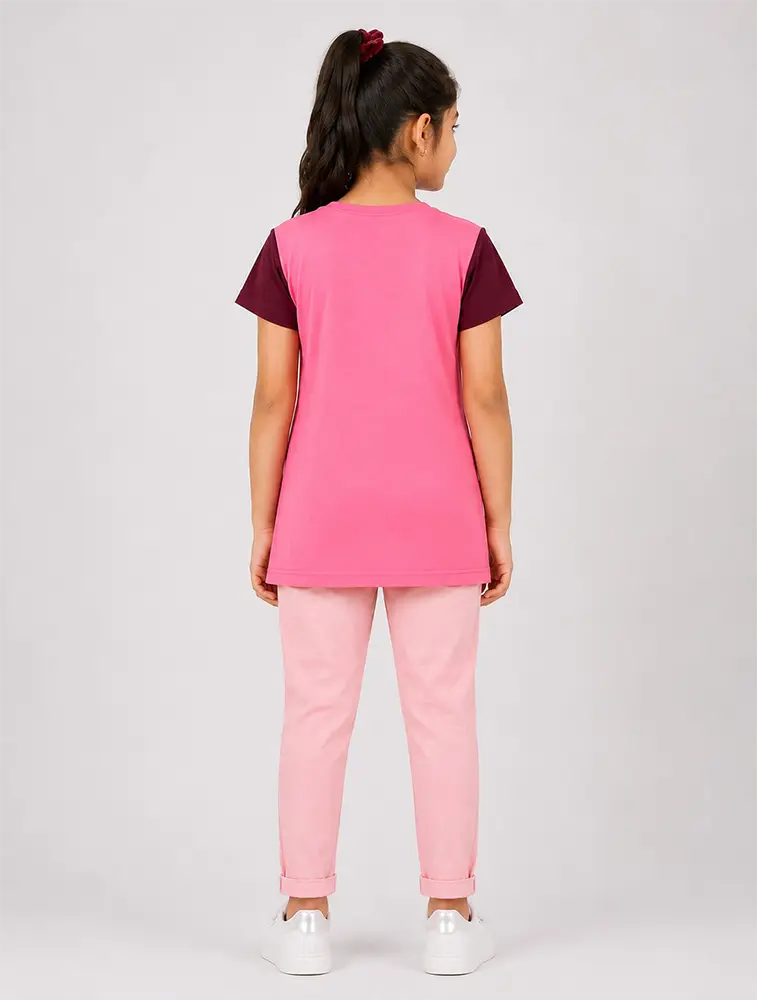 Maroon Girls Casual Graphic T Shirt with Contrast Side Panels