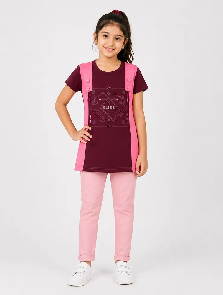 Maroon Girls Casual Graphic T Shirt with Contrast Side Panels