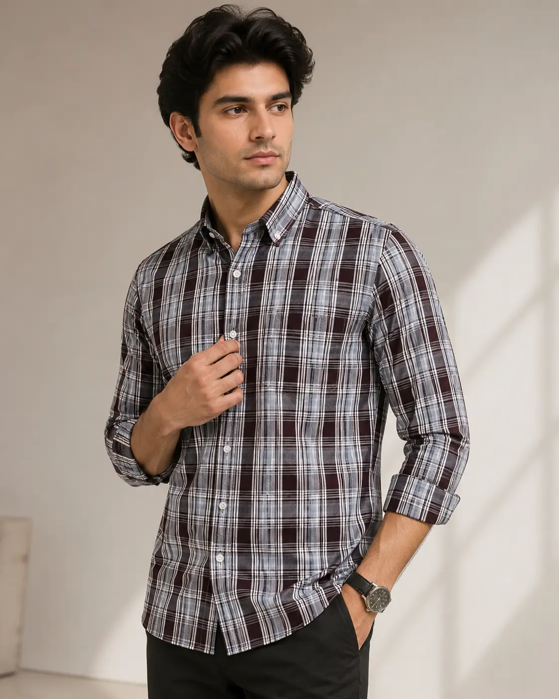 Maroon Grey White Men's Cotton Full Sleeve Check Shirt