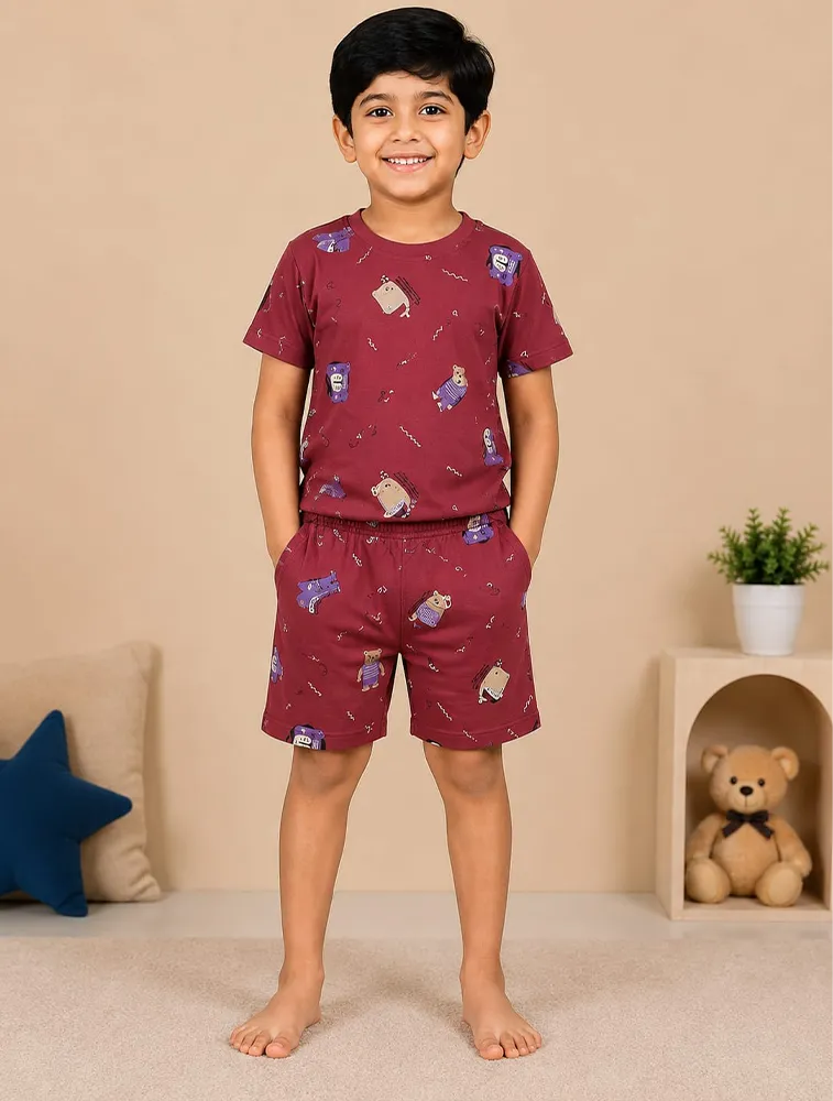 Maroon Kids Premium Printed T Shirt and Shorts Set