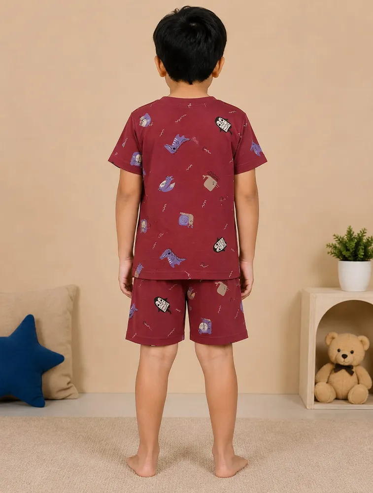 Maroon Kids Premium Printed T Shirt and Shorts Set