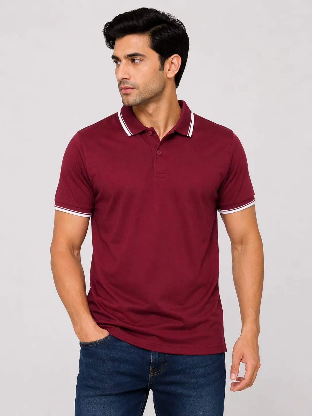 Maroon Mens Premium Primo Knit 200 GSM Polo TShirt With White Collor And Sleeve Tipping 