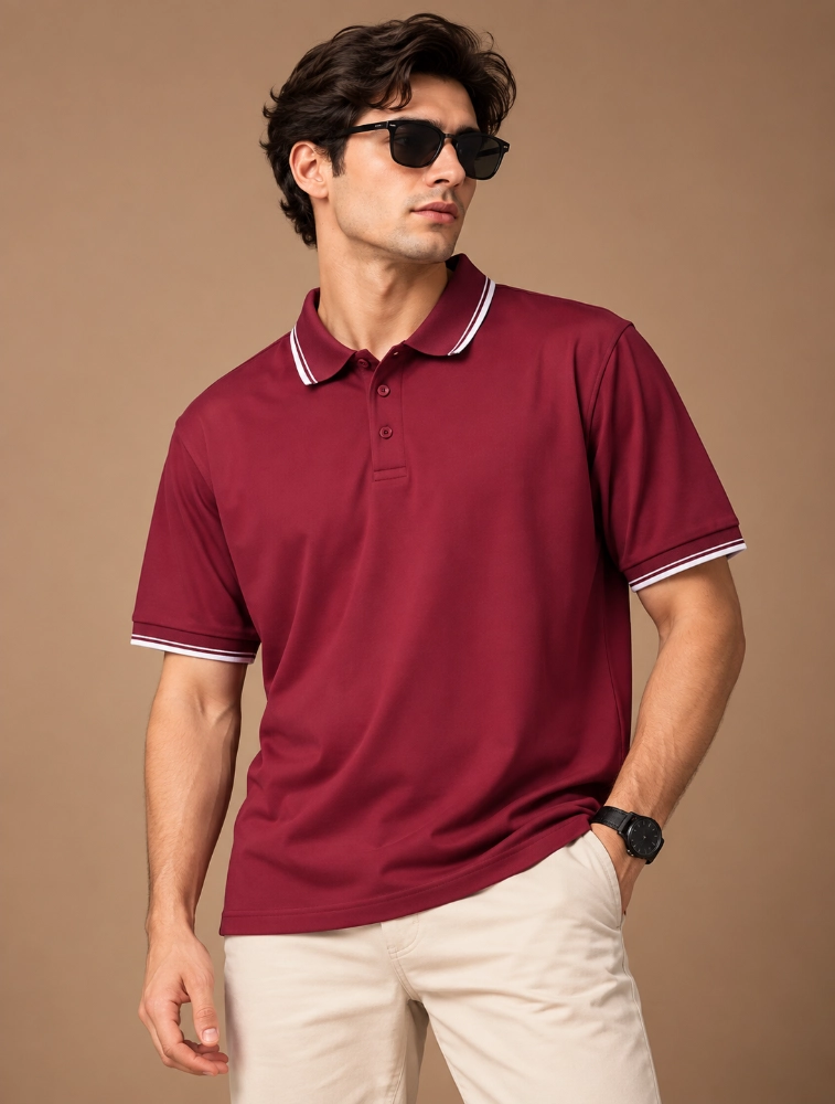 Maroon Mens Premium Primo Knit 200 GSM Polo TShirt With White Collor And Sleeve Tipping