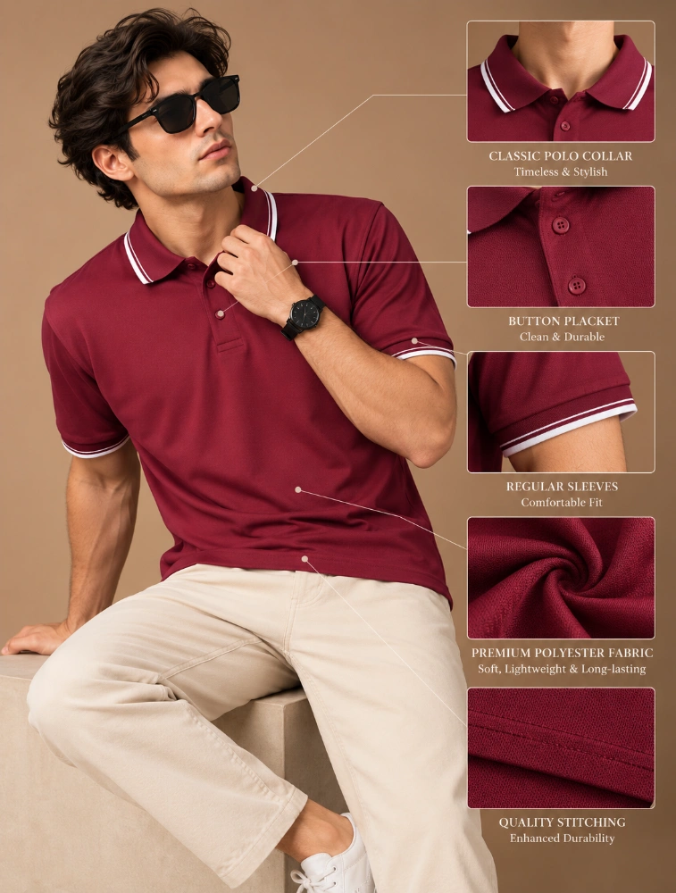 Maroon Mens Premium Primo Knit 200 GSM Polo TShirt With White Collor And Sleeve Tipping 