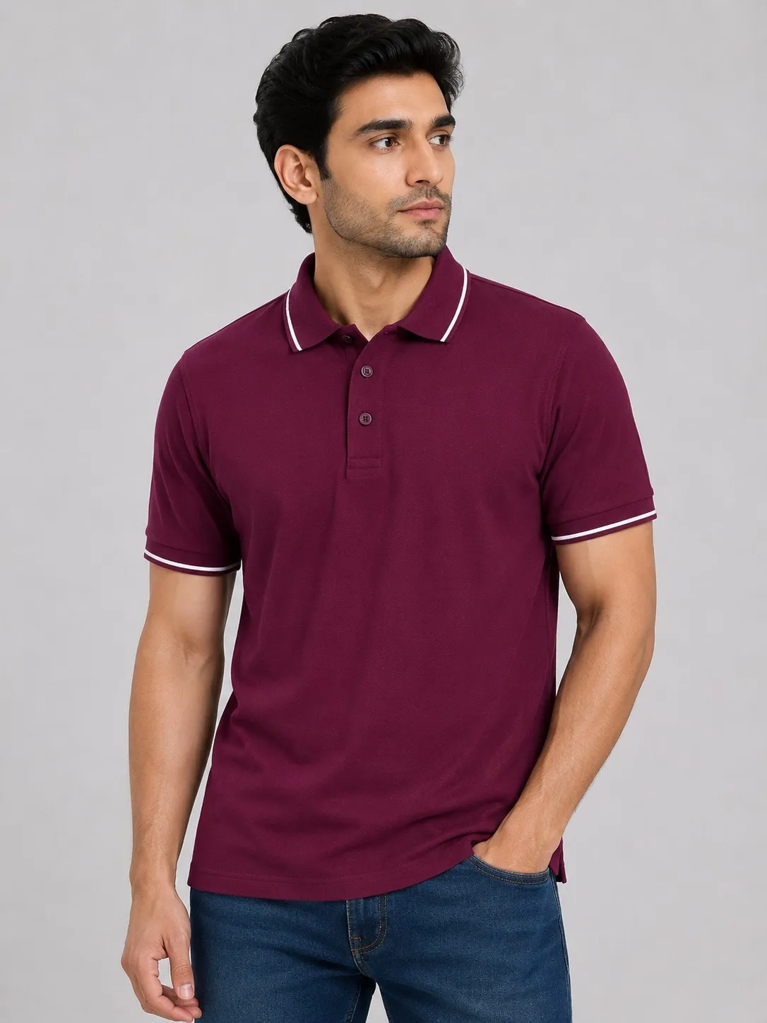 Maroon Mens Premiun Cotton 270 GSN Half Sleeve Polo T Shirt With White Collar And Sleeve Tipping
