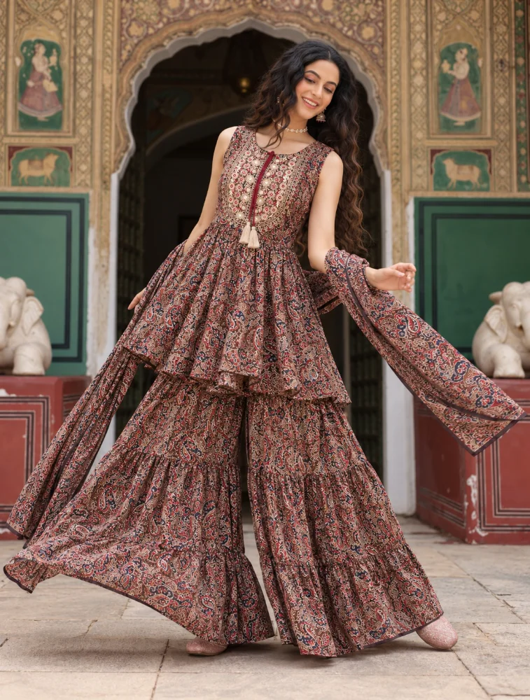 Maroon Women Ethnic Embroidered Kurta with Sharara and Dupatta Set