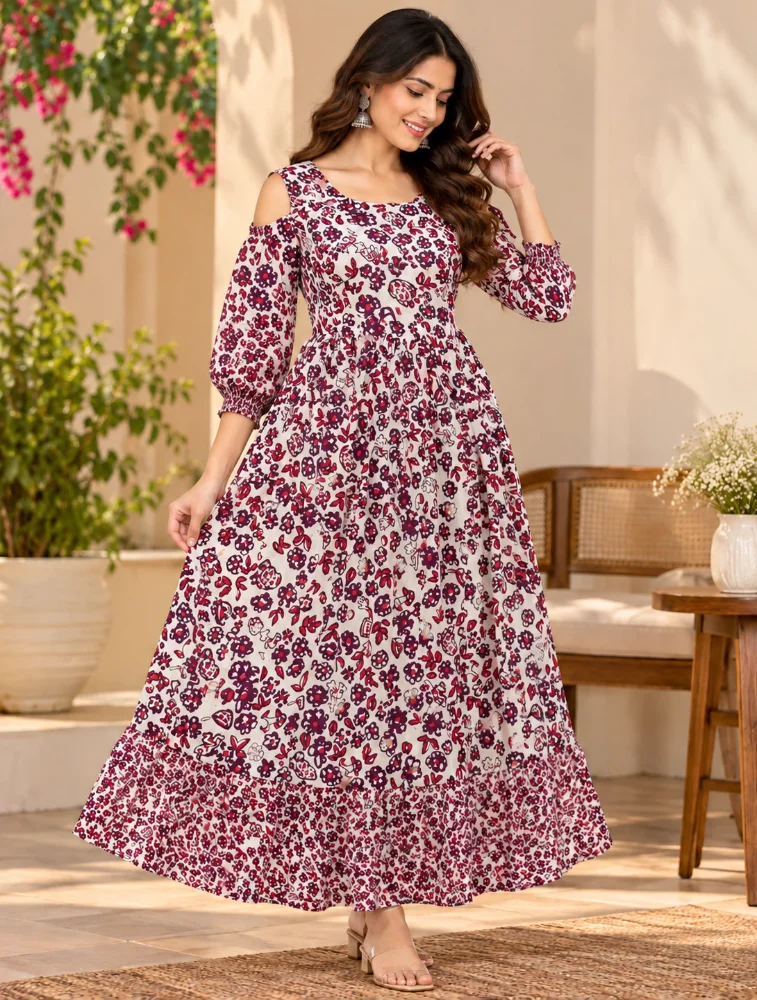 Maroon Women Floral Printed Gown Anarkali Dress