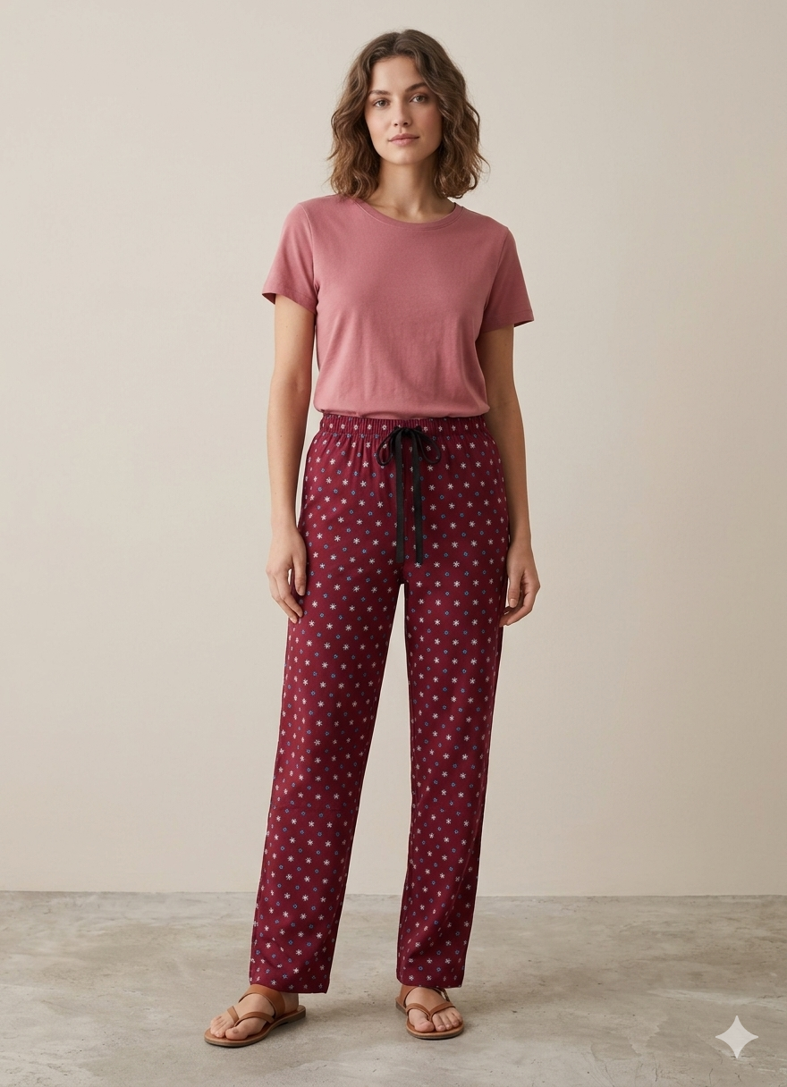 Maroon With Light Blue Womens Floral Printed Polycotton 120 GSM Lounge Pant  
