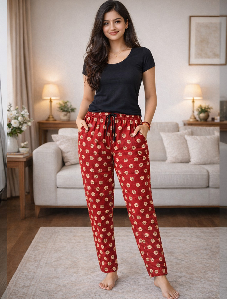 Maroon Womens Floral Printed Polycotton 120 GSM Lounge Pant with Pocket