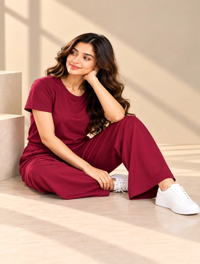 Anshu fashion shop Maroon Womens Micro Plain Casual CoOrd Set